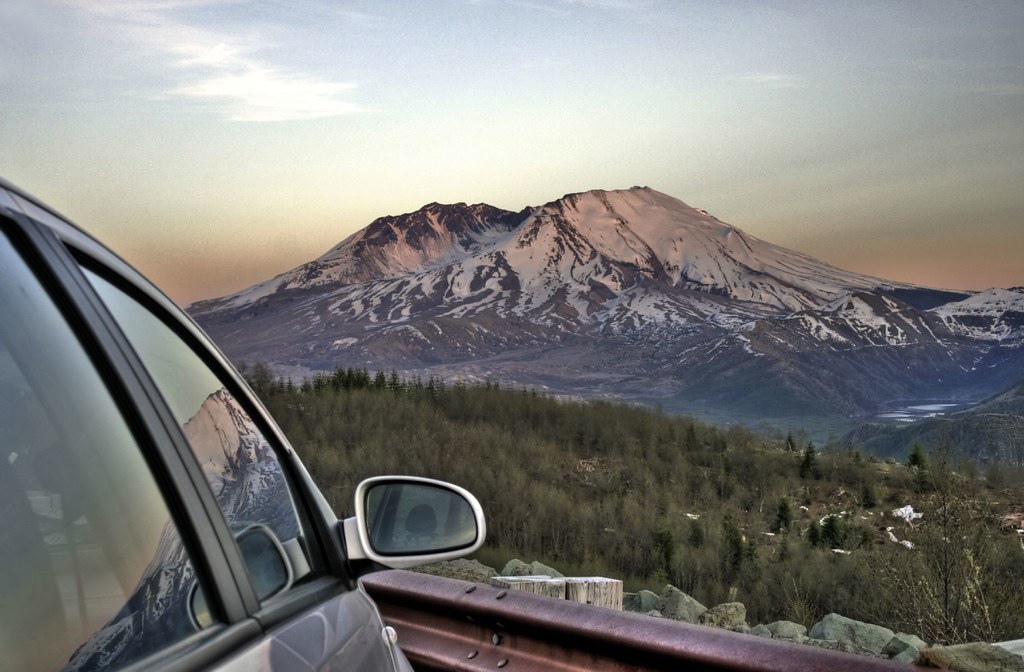 Mount St. Helens volcano trek - Reflection of Mount St. Helens / from 9,677ft. to 8,365ft. in seconds