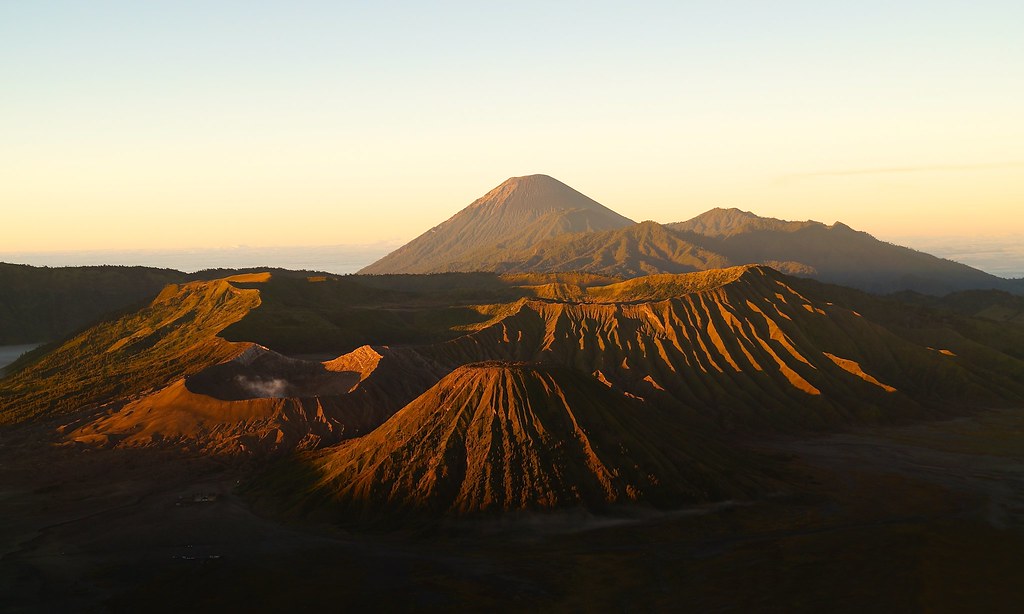 Mount Semeru volcano trek - Sunrise on the Tengger caldera (Mounts Bromo, Batok, Kursi, Watangan, Widodaren, and Semeru in the background), East Java, Indonesia